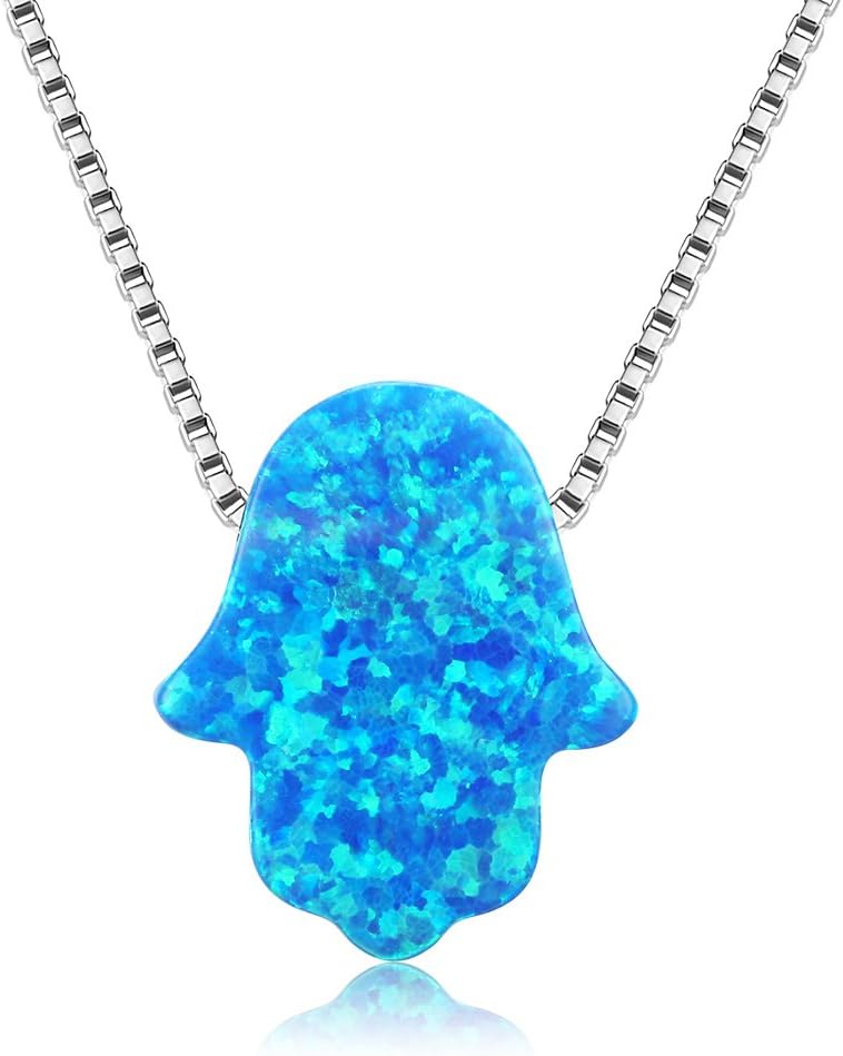 Kaletine Hamsa Hand Pendant Necklace Sterling Silver Created Fire Opal Adjustable Cable Box Chain in 16"-18"