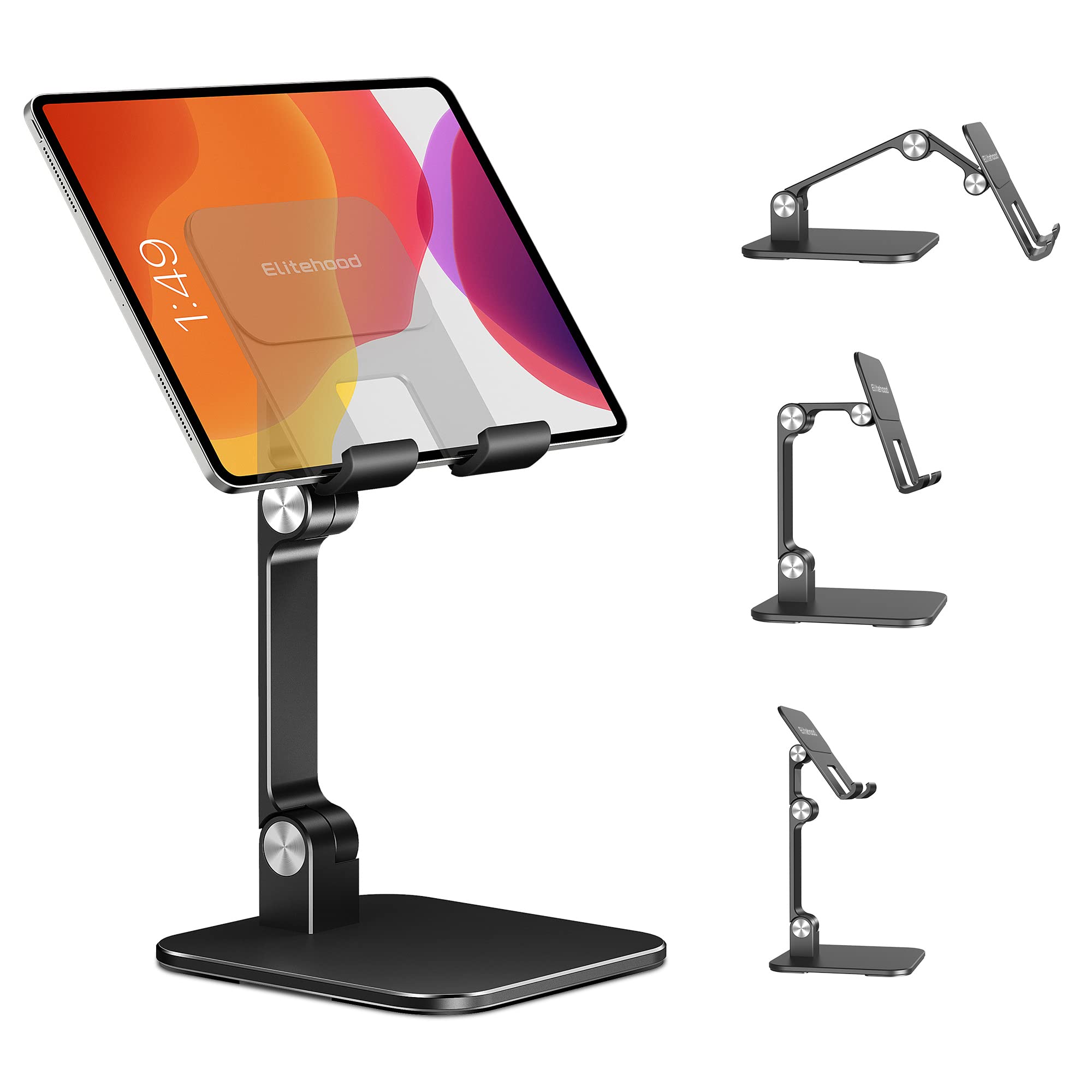 elitehood Aluminum iPad Stand for Desk [Ultra-Stable & Sturdy], Height Adjustable Tablet Stand, Portable Tablet Holder Dock for Home Office, Compatible with iPad Pro 12.9, Air Mini 6 5 4 3, Black