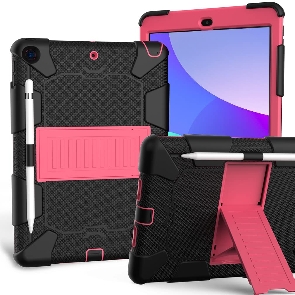 Case for iPad 10.2 Inch 9th/8th/7th gen 2021/2020/2019 with Three-in-one design, shockproof Robust case with pencil holder and stand- Black+Rose