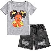 HSOXLQF Toddler Girls Summer Clothes Cute Girl Character Print T-Shirt + Washed Ripped Denim Shorts 2 Piece Outfits