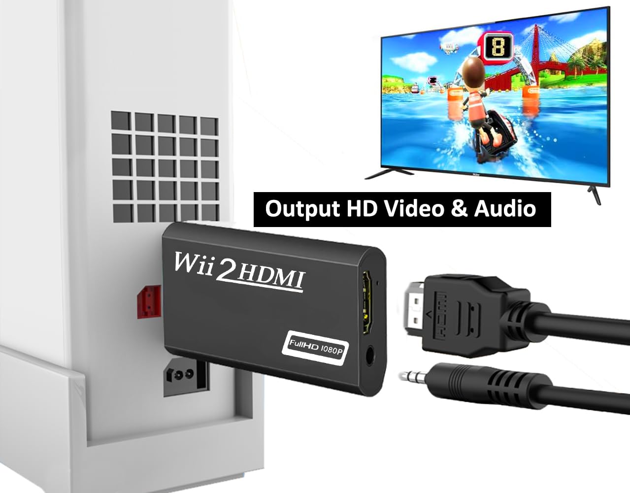 CHS Wii to HDMI Adapter, Supports Wii U, HDTV, Monitor, NTSC 1080p Video Audio Output with 3.5mm Audio Jack