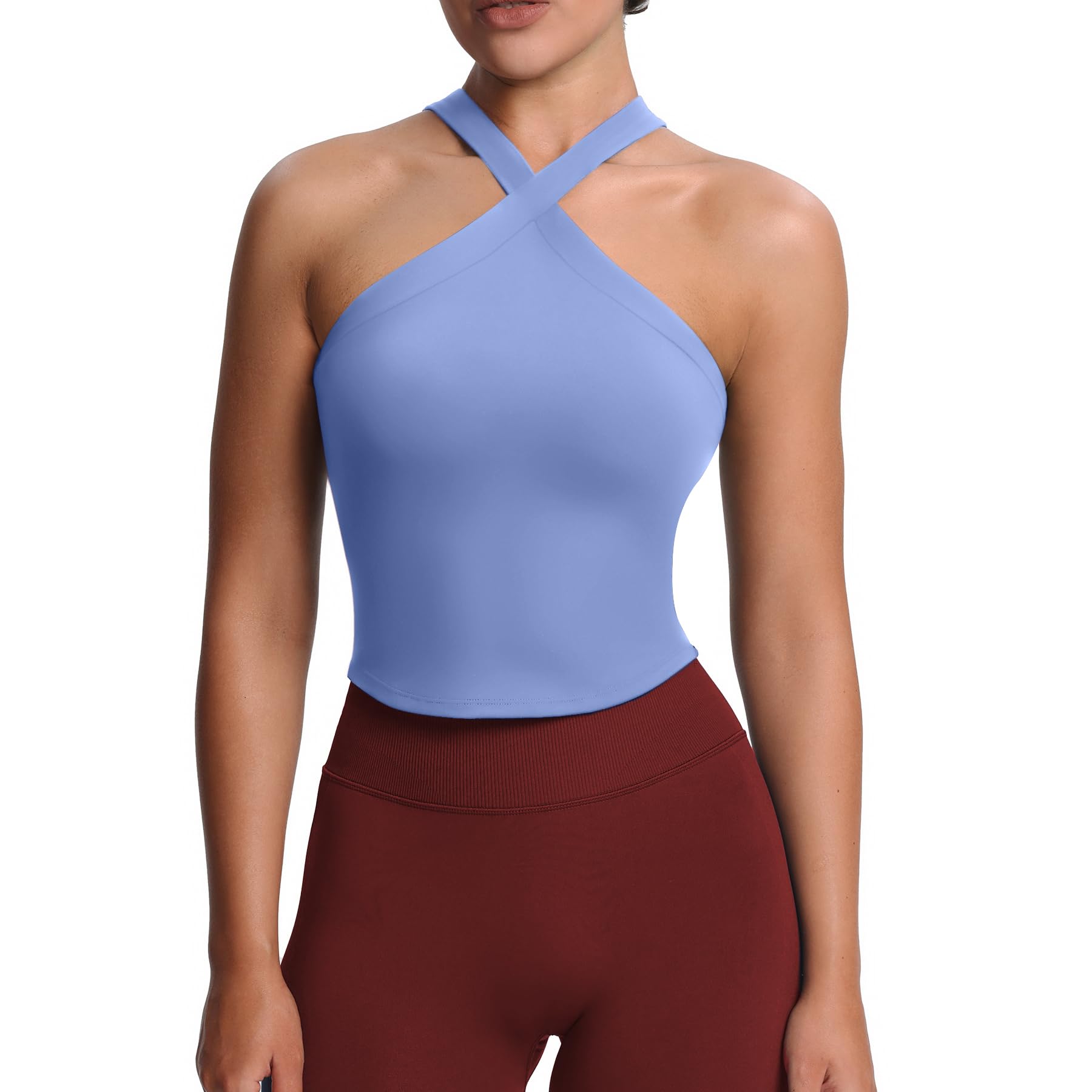 Photo 1 of Aoxjox Women's Workout Cross-Neck Sport Bras Fitness Elanor Bra Yoga Crop Tank (Persian Blue, Small)