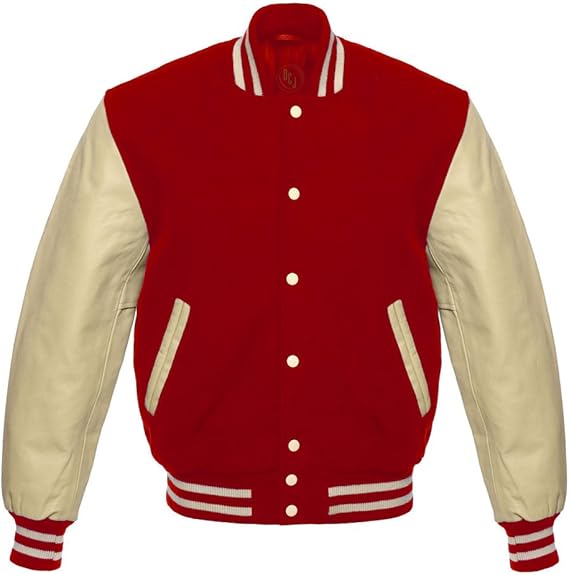 Letterman Varsity Jacket Genuine Leather Sleeves Cream/Red Body Amazon