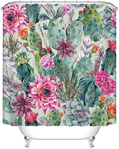 Ormis Cactus and Flower Mildew Resistant Polyester Fabric Shower Curtain Set With Hooks Bathroom Accessories 72"(w) x 72"(h)
