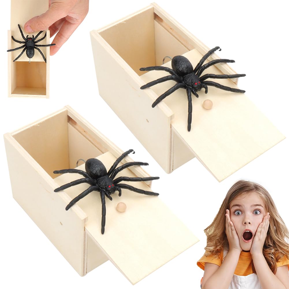 WFKKMEQ Spider Scare Box, Prank Spider Toys, Wooden Surprise Joke Scare Wooden Box, Children and Adults Halloween Fool's Day Gifts - 2pcs