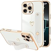 LLZ.COQUE for iPhone 16 Pro Case for Women Girls, Bling Luxury Plated Bumper with Cute Love-Heart Design, Adjustable Hand Strap Stand, Raised Edges Shockproof Protection for iPhone 16 Pro - White