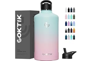 COKTIK 128 oz/One Gallon Water Bottle Insulated, Double Walled Vacumm Metal Stainless Steel Sports Water Bottle with Reusable 2 Lids for Sports, Gym, Fitness or Office(Bubble Gum)