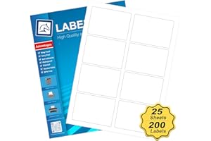 Pony Packaging Name Tag Stickers 2 1/3" x 3 3/8", White Blank Mailing Labels, Inkjet and Laser Printer Guaranteed, 8 Labels Per Sheet, 25 Sheets - 200 Label （HB-R108）