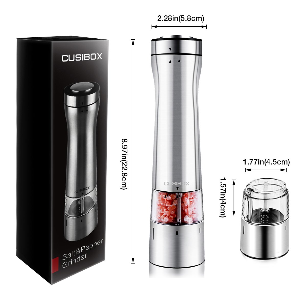 Electric Salt or Pepper Grinder, CUSIBOX Stainless Steel Electric Pepper Grinder or Salt Mill with LED Light at Bottom, Pepper Mill Shaker with Adjustable Grind Coarseness