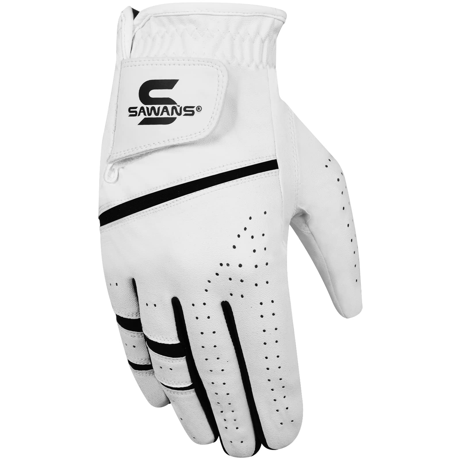 SAWANS Golf Glove Men's Durable Premium Leather Left Hand Right All Weather Grip Golfer Gloves Non Slip Flexible Golfing (White, M, Right)