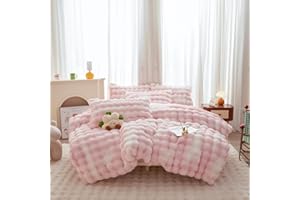 chovy Kids Girls Rabbit Plush Pink White Bread Grid Comforter Cover Duvet Cover Queen - 3PC Faux Fur Bed Set Soft Warm Velvet Flannel Fluffy Fuzzy Bedding（Comforter x 1 Pillowcases x 2）