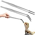 Lasnten 2 Pcs Extra Long Stainless Steel Reptile Feeding Tongs with Rubber Tip Bearded Dragon Aquarium Straight and Curved Long Tweezer Terrarium Feeder Tool for Tank(Silver, 15 Inch)
