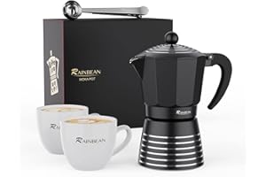 RAINBEAN Moka Pot 6 Cup Set Espresso Maker, Steam Italian Stovetop Coffee Makers Percolator, Aluminum Ripple Ring Design, Easy To Use & Clean, 2 Ceramic Cups | Stainless Spoon | Black
