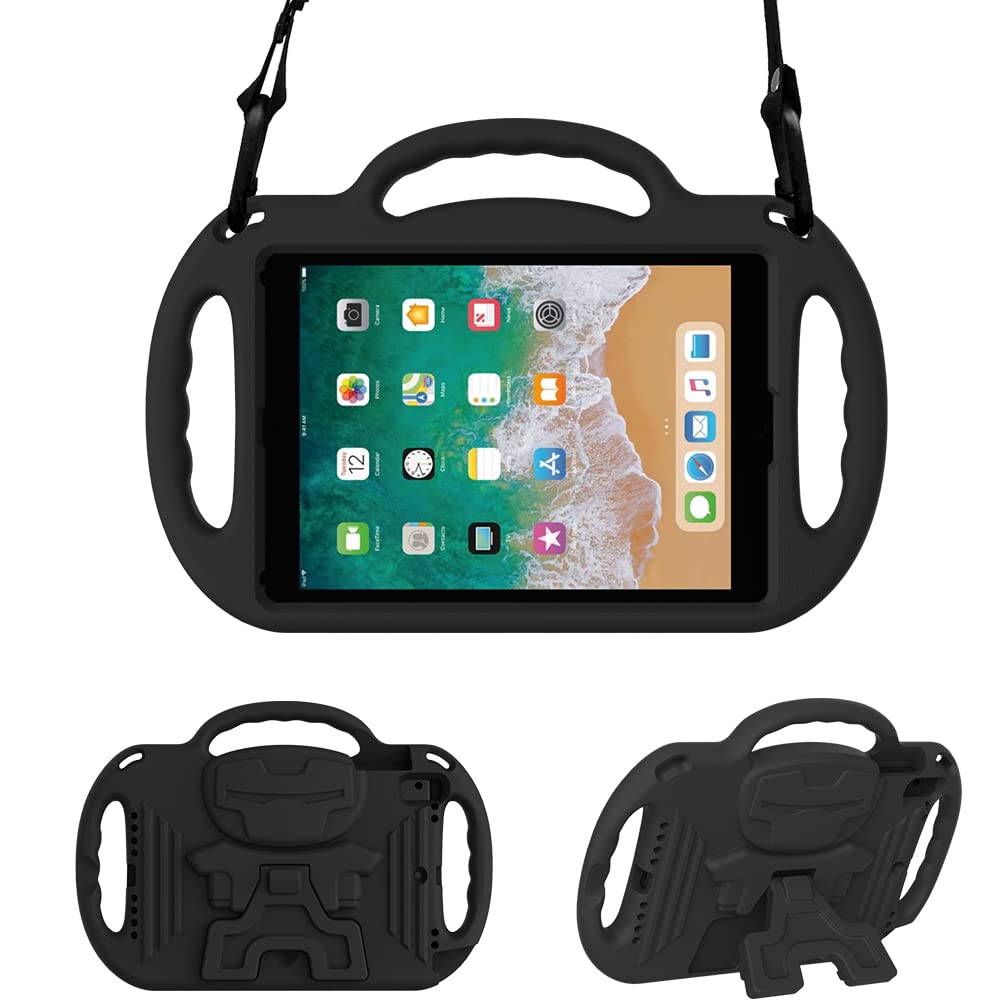 Surom Kids Case for iPad 9.7 2018/2017 - Light Weight Shockproof Handle Stand Case Cover with Shoulder Strap Lanyard for iPad 9.7 2018/2017 / iPad Air/iPad Air 2 - Black