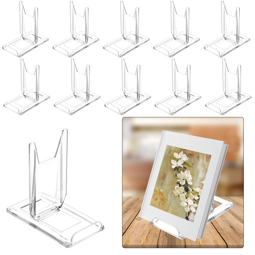 Photo 1 of ?10 Pack ?Acrylic Book Stand for Display Adjustable Clear Display Holder Easel Collector Stand for Home Office Back to School Comic Album CD Magazine Postcard Artworks (4.2 x 4.3 x 2.35 Inch)