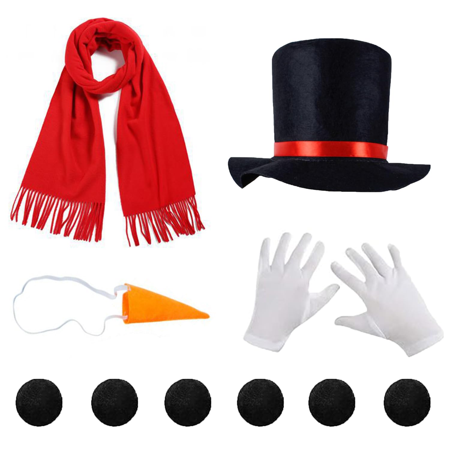 Bohue 10Pcs Snowman Costume Kit Top Hat Red Scarf Carrot Nose White Gloves Black Pom Poms Xmas Party Supplies Snowman Costume Accessories for Christmas Masquerade