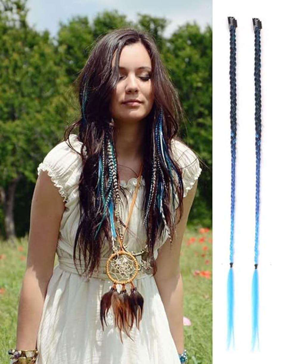 2 x Clip-In Hair Extension Highlights Streaks, Colourful Hair Highlights (Braid - Blue) — image 1