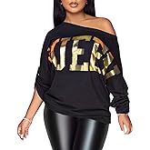 PESION Womens Off The Shoulder Tops Sexy Shiny Metallic Shirts Long Sleeves Fashion Graphic T-Shirts Blouses