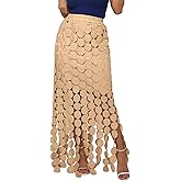 Yimoon Womens Hollow Out Maxi Skirt Elastic Waist Fringe Hem Long Skirt Tassel Trim Cocktail Party Midi Skirt