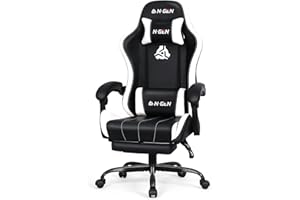 N-GEN GAMING Video Gaming Chair with Footrest High Back Ergonomic Comfortable Office Computer Desk with Lumbar Support Height Adjustable with PU Leather Recliner for Adults Women Men (White)