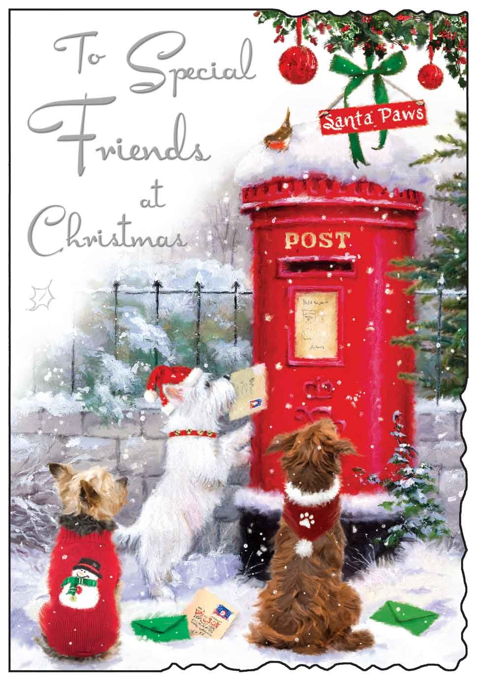 Special Friends Christmas Card - Dogs and Post Box in the Snow - Artistic Festive Design - Special Finishes and Illustrated Insert Leaf - Made in the UK