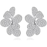 Delicate Luxury Flower Leaf Cubic Zirconia Crystal Statement Stud Earrings for Women Dainty 925 Sterling Silver Post Diamond Fashion Trendy Jewelry Wedding Party Gift Her