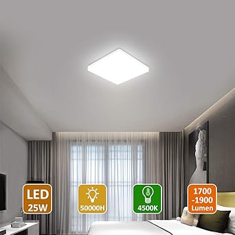 oowolf led lampara de techo 25w plafon led luz de techo impermeable para bano dormitorio cocina balcon pasillo sala de estar comedor 1900 lm 4500k