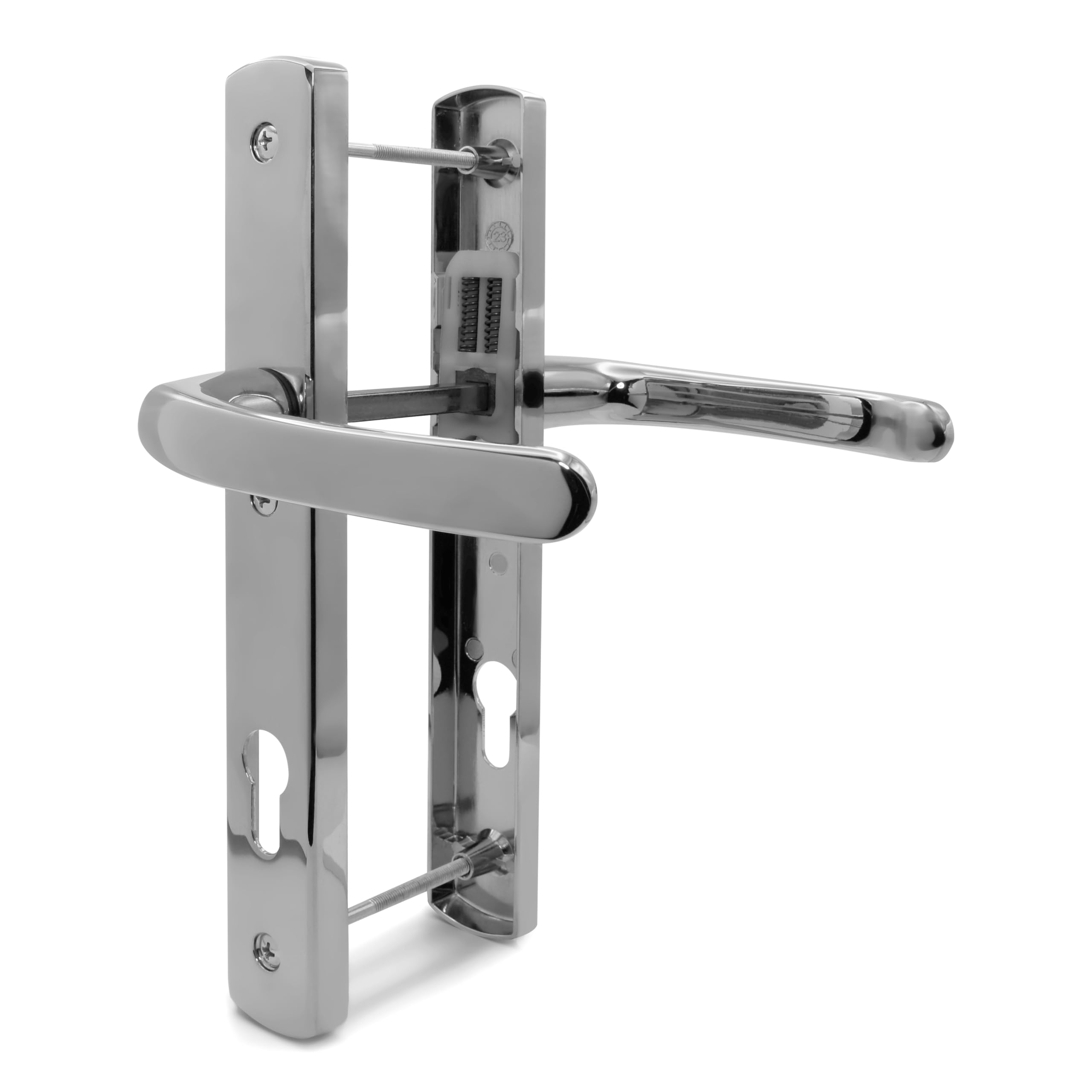 TSS Polished Chrome UPVC Door Handle Pair Set, 92mm PZ (Centres), Sprung, Lever Lever, 215mm Top to Bottom Screw (Screw Centres), 3X Fixing Points, Backplate 260mm x 35mm - Replacement Handles