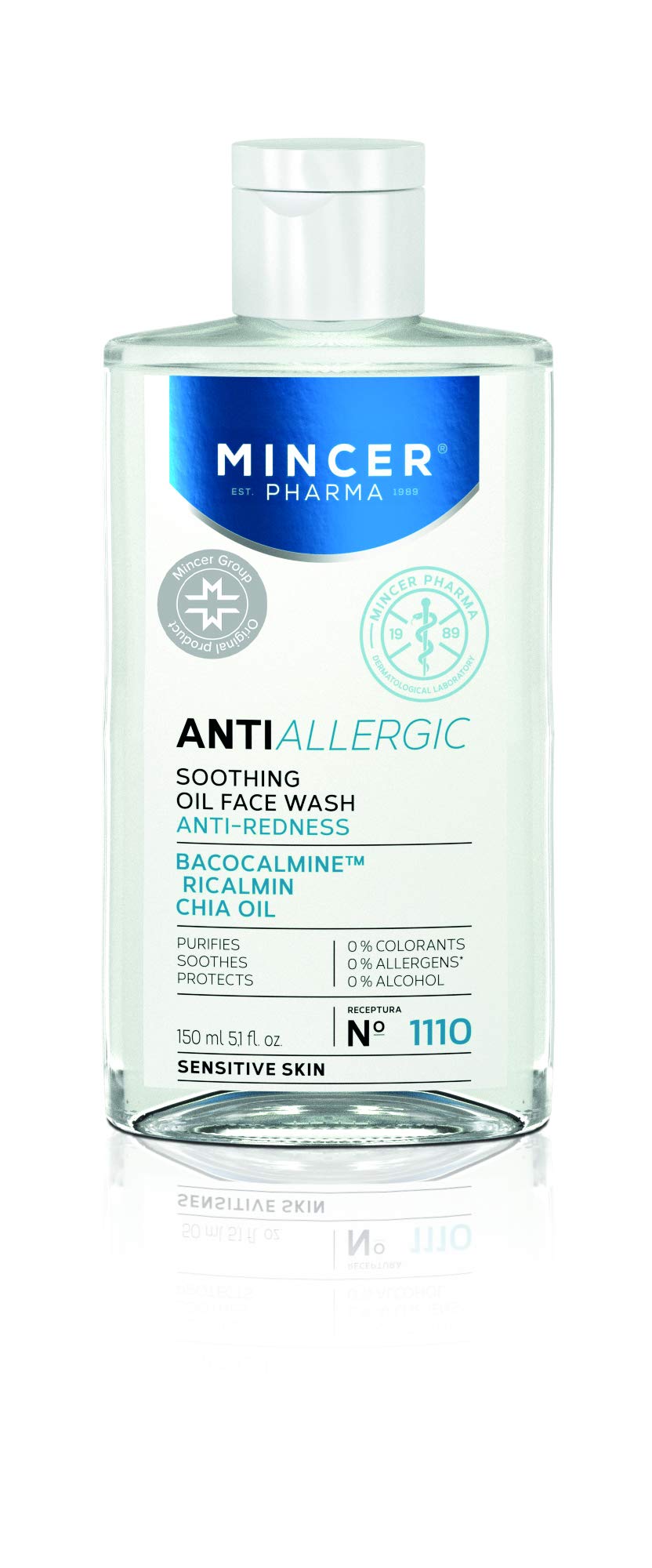 Mincer Pharma Anti-Allergic Anti-Redness Soothing Cleansing Protective Oil Face Wash for Sensitive Skin with Bacocalmine, Iricalmin and Chia Oil 150 ml