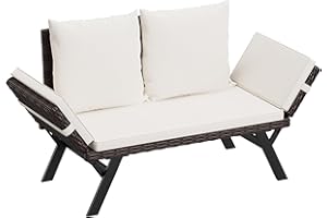 Flamaker Outdoor Convertible Sofa, Woven Rattan Patio Furniture Sunbed with Adjustable Armrests, Removable Cushions and Pillows for Patio, Porch, Pool (Brown Lounger & Beige Pillowcase)