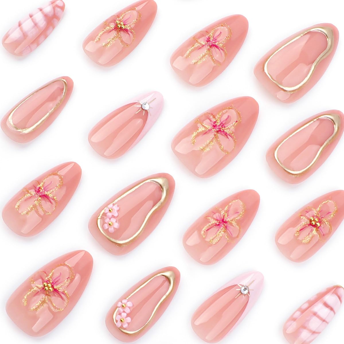 24 Pcs Spring Press on Nails Short Almond - YEFIUO Flesh Pink Nail Tips Acrylic Nail Kit 3D Flower Pearl Charms Nail Art Fake Nails Press ons French Tip Glue on Nails Full Cover False Nails for Women - Image 2