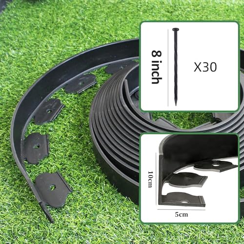 Black Landscape Edging Kit, Flexible Lawn Border with 30 Anchoring Spikes, Garden Plastic Borders for Landscaping, Grass Flower Beds, Pavement,Yard, Pathway, 1000 * 10cm