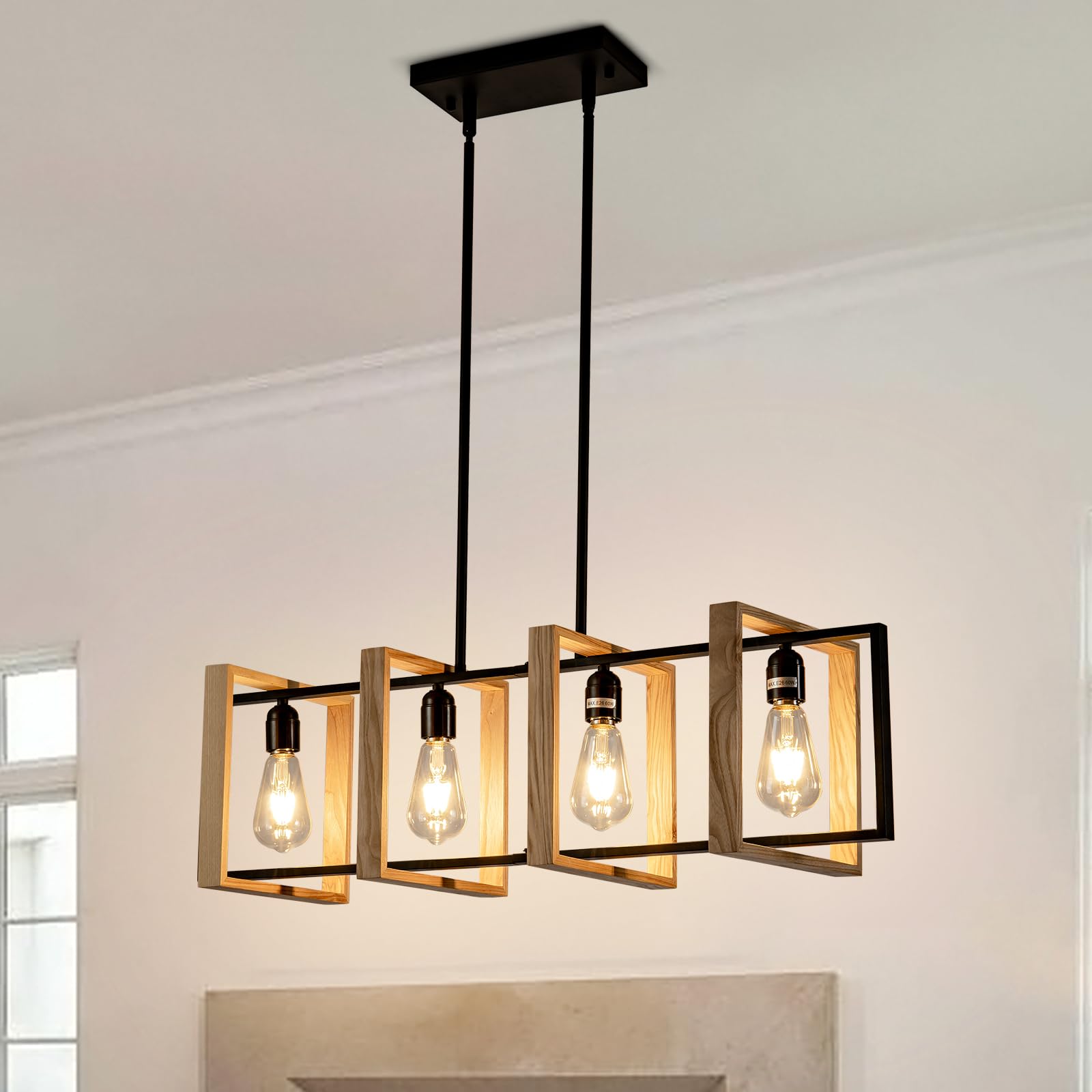 Photo 1 of HuisMier 4 Light Island Lights for Kitchen, Farmhouse Wood and Metal Rectangle Pendant Light Fixture, Industrial Black and Wood Dining Room Chandelier for Kitchen Entryway Bedroom Living Room