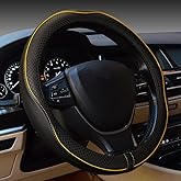 Gomass Car Steering Wheel Cover, Anti-Slip, Safety, Soft, Breathable, Heavy Duty, Thick, Full Surround, Sports Style (Black with Yellow Line)