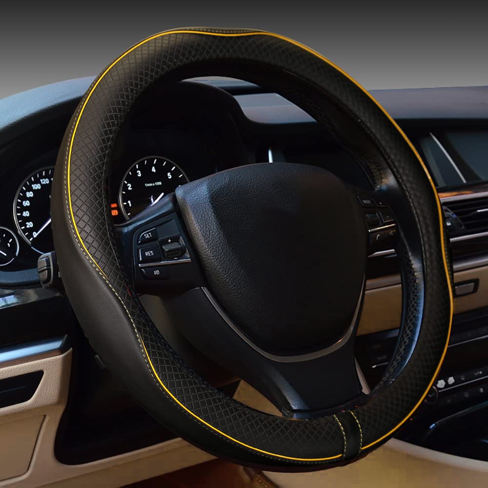 Photo 1 of Gomass Car Steering Wheel Cover, Anti-Slip, Safety, Soft, Breathable, Heavy Duty, Thick, Full Surround, Sports Style (Black with Yellow Line)