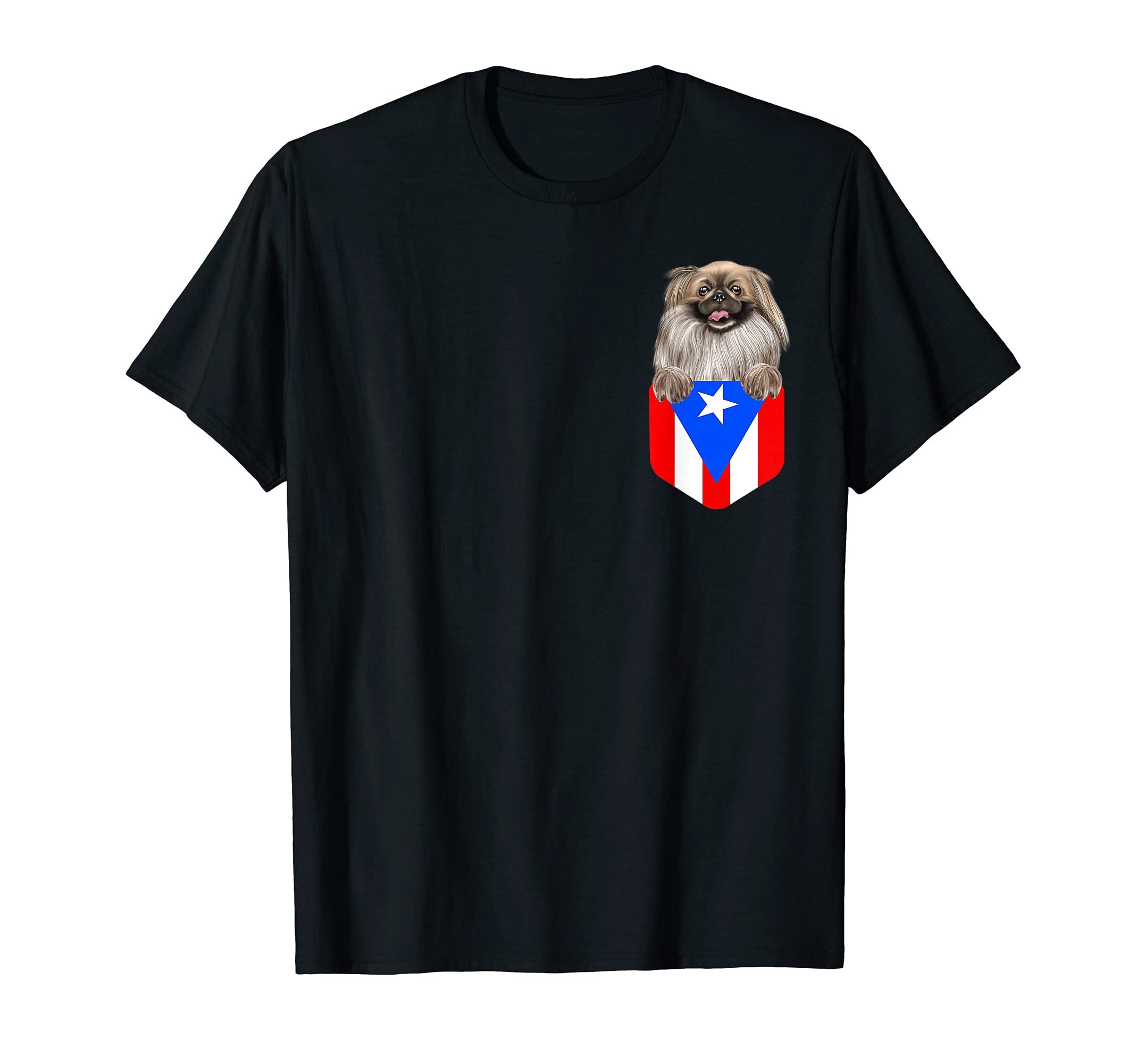 Puerto Rico Flag Pekingese Dog In Pocket T-Shirt
