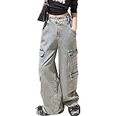 Bolknokin Girls Baggy Cargo Jeans Y2K Kids Wide Leg Hip Hop Loose Casual Trousers Size 6-14 Years