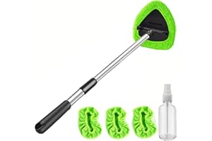 POPDA Windshield Cleaner Tool with Rotating Extendable Handle, 4 Reusable Microfiber Pads, Aluminum Window Cleaning Wand for Car Interior, Auto Glass, RV, Truck, with 30ml Spray Bottle
