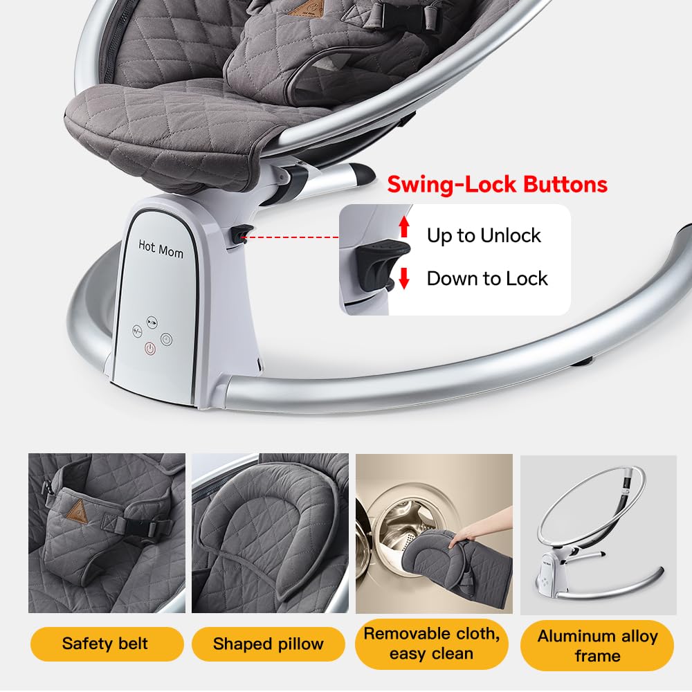 Hot Mom Upgrade Cotton Electric Baby Bouncer for Infant,Bluetooth Swing Enabled Automatic, Baby Rocker Inset Music Speaker, Dinning Chair with Intelligent Timing & LED Touch Screen (Grey)