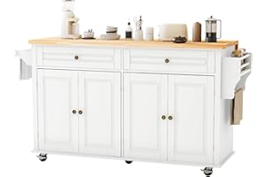 JassmiPkwy 67’’ Movable Kitchen Island with Drop Leaf and Power Outlet, Lockable Sliding Countertop Rolling Island Cart with 2 Large Drawers, Spice, Towel Rack,White