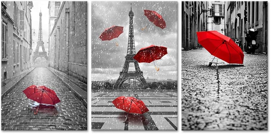 Amazon Com Ihappywall Arte Contemporaneo Blanco Y Negro Torre Eiffel Con Paraguas Rojo En La Calle De Paris Pintura Romantica Enmarcada Cuadro De Arte De Arte De Arte Arte Conjunto De 3 Piezas