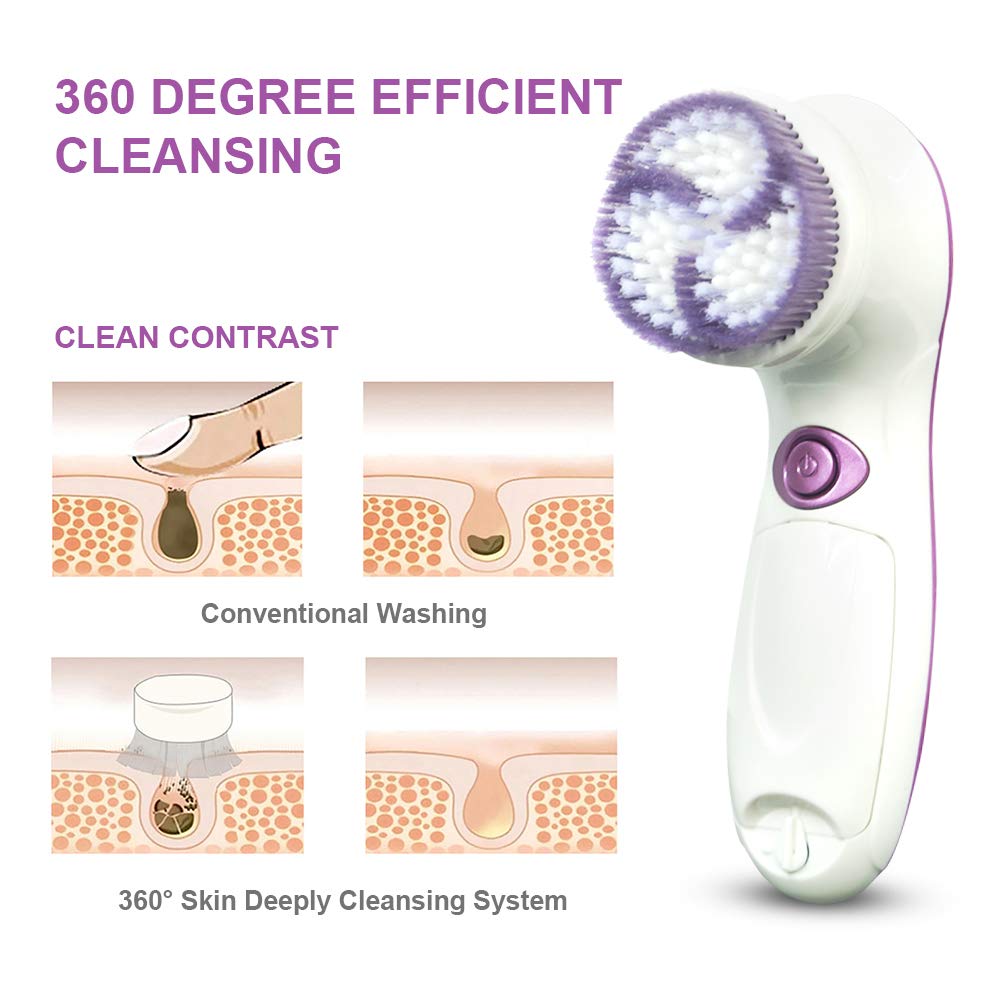 Cozy Sunday Facial Cleansing Brush, Waterproof Face Spin Brush Set with 5 Brush Heads, Facial Cleanser Brush for Skin Care, Deep Cleansing, Gentle Exfoliating, Removing Blackhead, Massaging