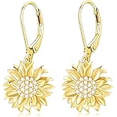 Diamond Sunflower Dangle Earrings for Women, 18K Gold Plated Sterling Silver You Are My Sunshine Sunflower Earrings Jewelry Anniversary Mother's Day Jewelry Gifts for Her, Mom, Wife