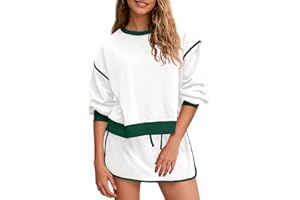 Fisoew Womens Sweatsuits 2 Piece Set Crewneck Sweatshirts High Waisted Skort Skirts Tennis Running Tracksuits Shorts Sets