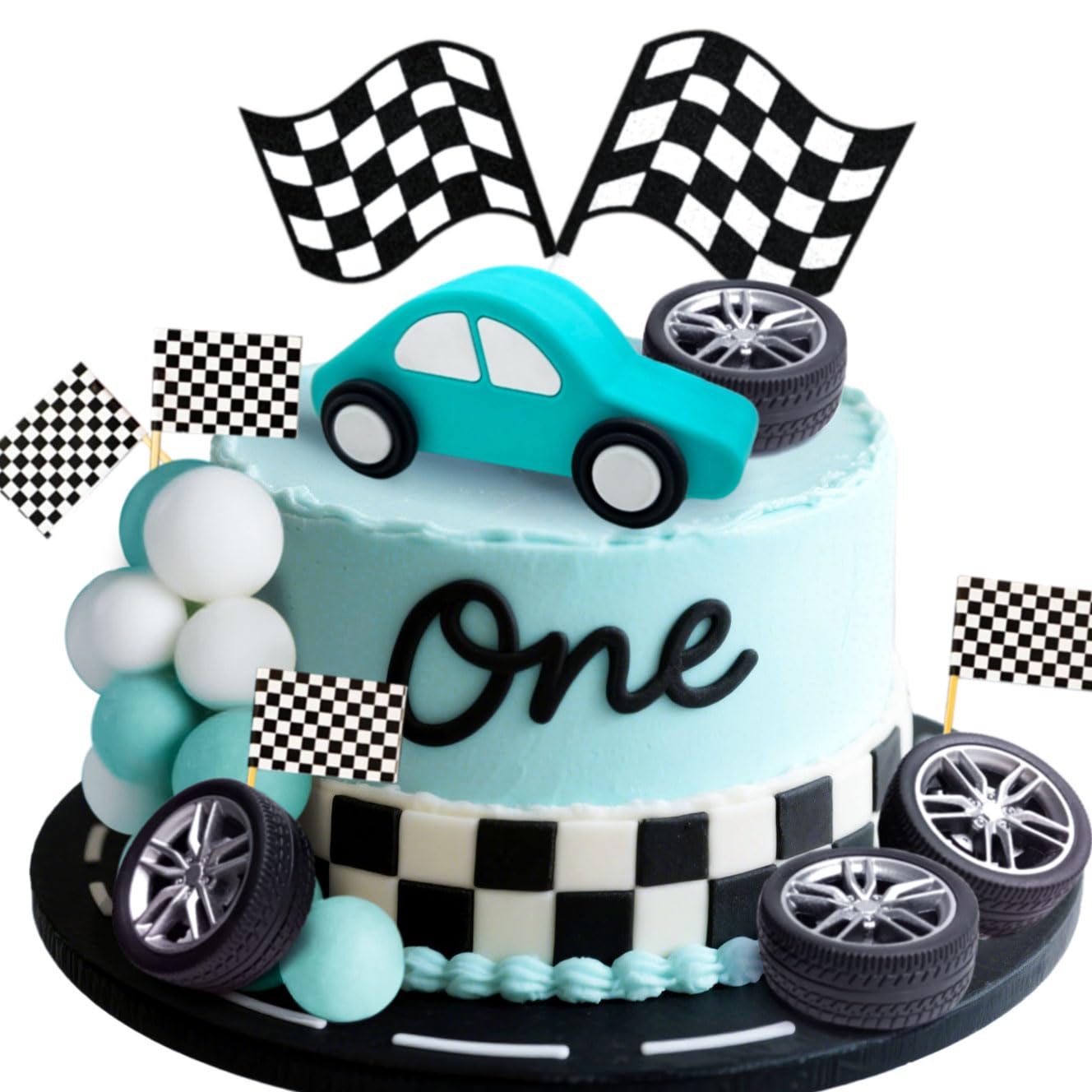 Photo 1 of JeVenis Race Car Cake Decorations Car Cake Topper Checkered Flag Cake Topper Growing Up Two Fast Birthday Decor Fast One Fast Three Need Four Speed Birthday Decorations