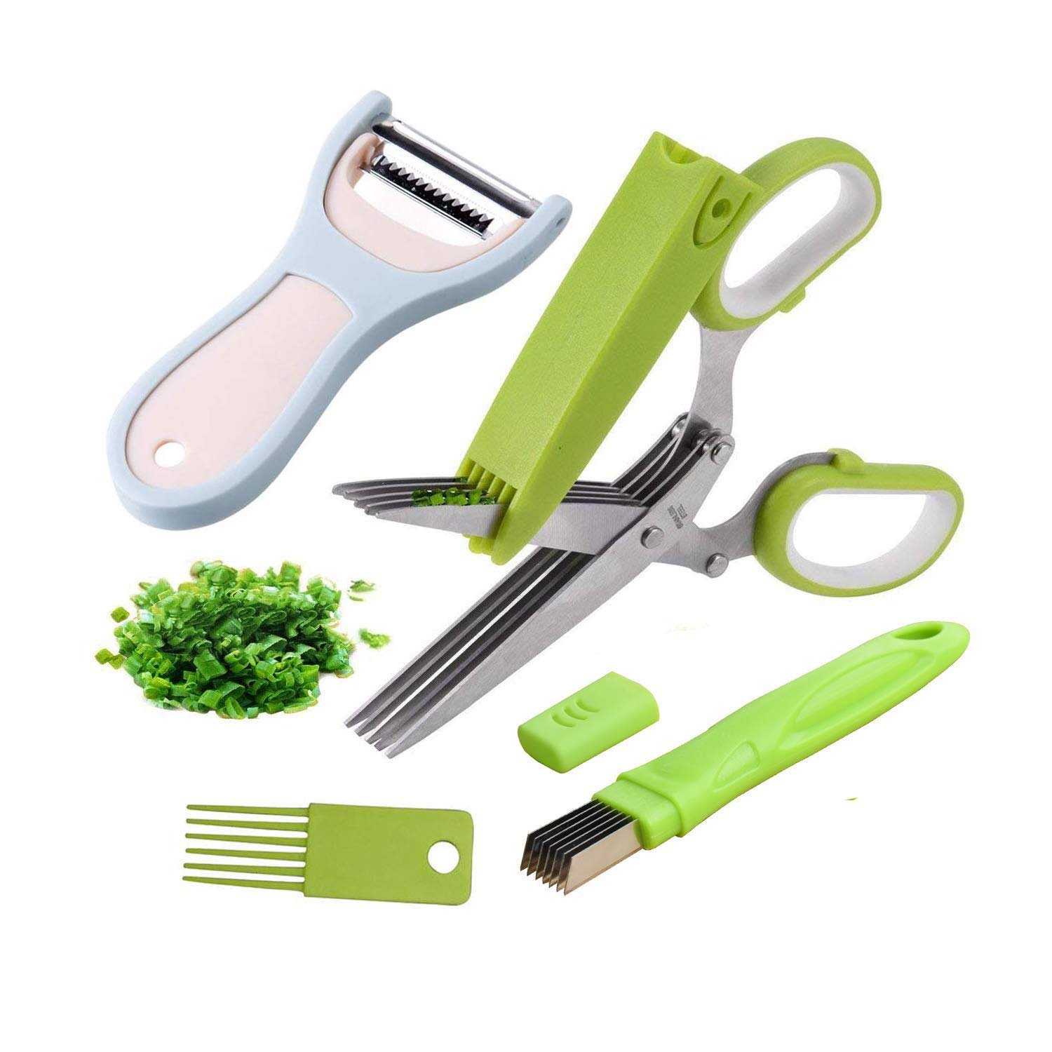 Herb Scissors - Multipurpose Kitchen Cutting Shears with 5 Stainless Steel Blades, Safety Cover, Cleaning Comb, Green Onion Cutter and Vegetable Peeler Kitchen Gadgets Tools