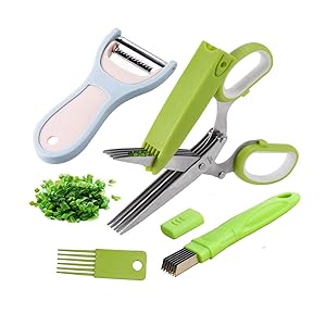 Herb Scissors - Multipurpose Kitchen Cutting Shears with 5 Stainless Steel Blades, Safety Cover, Cleaning Comb, Green Onion Cutter and Vegetable Peeler Kitchen Gadgets Tools