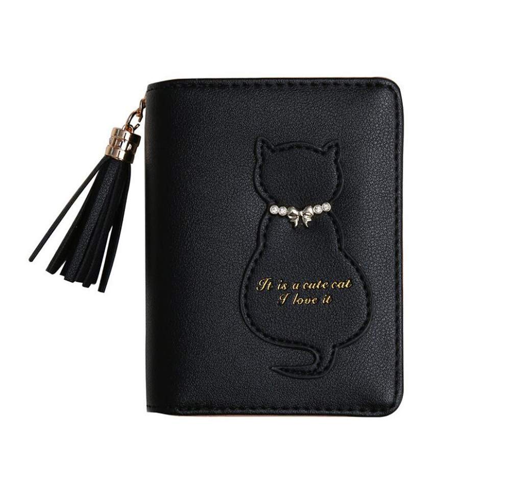 Oyccen Cute Cat Ladies Wallet Tassel Coin Purse with Zipper Pocket Short PU Leather Card Case