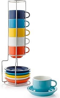 Sweese 404.002 6-teilig Stapelbare Espressotassen Set aus Porzellan, Kaffeetassen mit Untertasse und Metall Ständer, Bunte Serie, 75 ml