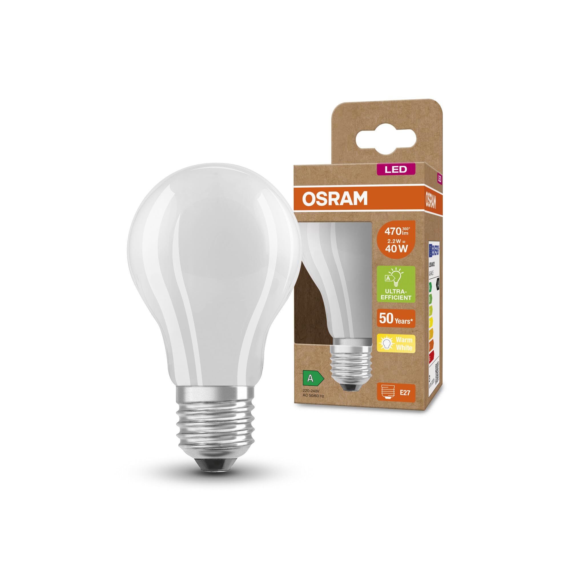 OSRAM LED Energy Saving lamp, Frosted Bulb, E27, Warm White (3000K), 2.5 watts, Replaces 40W Bulb, Highly efficient and Energy Saving, Pack of 1